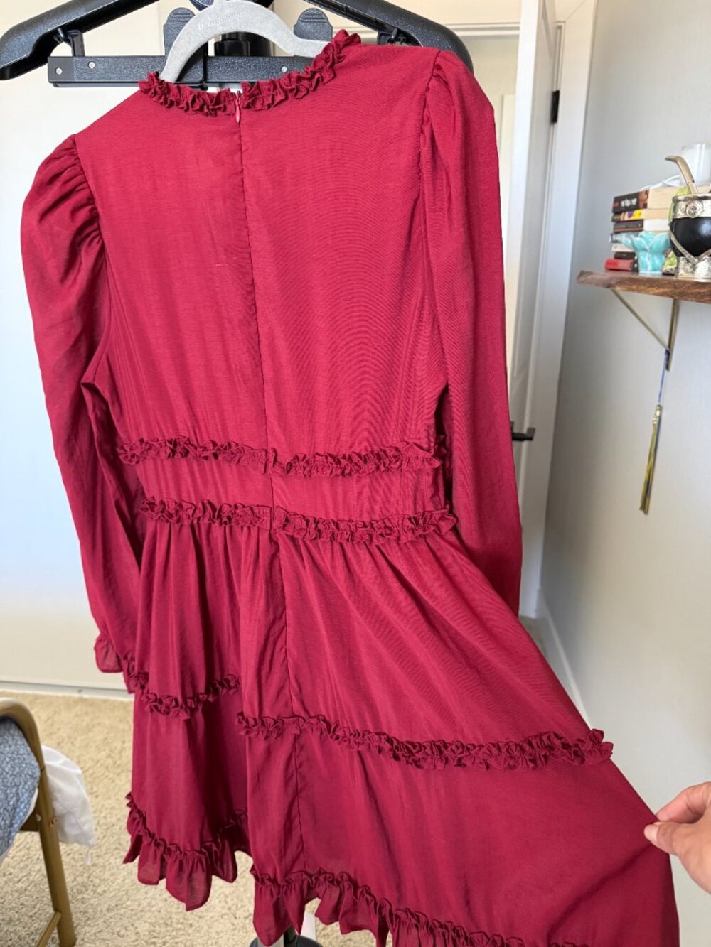 Free The Roses Burgundy Ruffle Mini Dress Size M NWT Long Sleeve V Neck - Picture 8 of 10